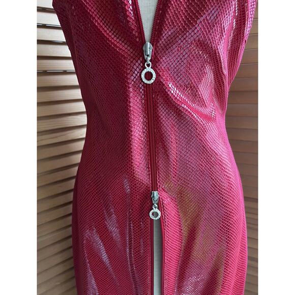 Vintage Caché Red ZIP Front Sexy mini DRESS Python Snake Feel M - Picture 5 of 10